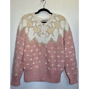 Vintage Cottage Core Pink Linen Blend Starfish Cardigan Sweater size S